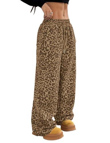 ACCPUR Women's Leopard Baggy Wide Leg Sweatpants Drawstring High Waisted Cheetah Print Lounge Barrel Trousers with Pockets, Large
