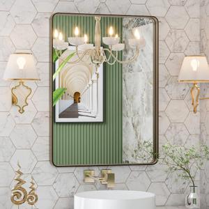 LOAAO 22X30 Bronze Bathroom Mirrors for Vanity, Rounded Rectangle Brushed Bronze Metal Frame Mirror, Anti-Rust, Hangs Horizontally or Vertically