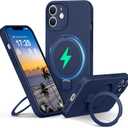 PuyaTeya Liquid Silicone Case for iPhone 12 with Magnetic Ring Stand, Upgraded Camera Lens Protection, Mil-Grade Drop Shockproof, Soft Anti-Scratch Microfiber Lining Silicone Case (Navy Blue)