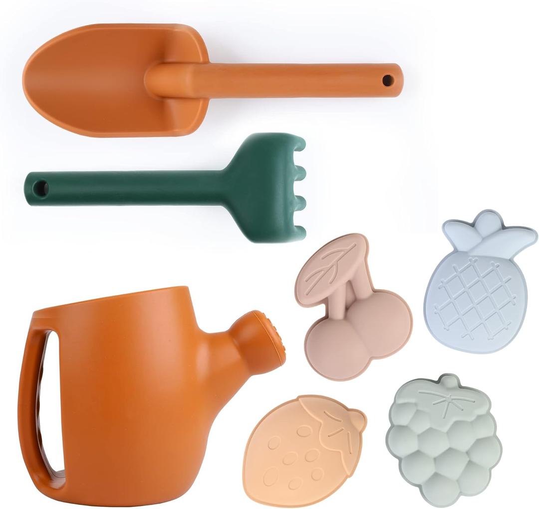 BLUE GINKGO Toddler Gardening Tools - Silicone Beach Toys, Garden Toys for Toddlers | Kids Shovel and Rake Set, Watering Can, Sand Molds | Outdoor Baby Gardening Set (Terracotta)