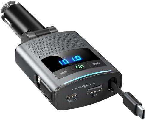 Nulaxy 80.5W Retractable Car Charger, Bluetooth 5.3 Car Adapter 3-Port Fast Charging USB-C, USB A, Lightning Adapter, FM Transmitter Hands-Free Calling Compatible with iPhone, Samsung, Switch, Gray