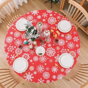 NLMUVW Round Christmas Vinyl Tablecloth with Elastic Edge, Snowflake PVC Table Cloth 100% Waterproof Red Fitted Table Cover for Holiday Patry, 40"- 44"