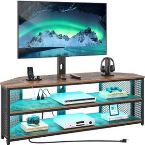 Rolanstar TV Stand with Mount and Power Outlet, Swivel TV Stand Mount with LED Lights for 32/45/55/60/65/70 inch TVs, Rustic Brown Entertainment Center Media Console with Height Adjustable Mount