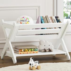 UTEX Kids Bookshelf with Caddy, Toddler Bookshelf, Book Storage Organizer, Small Book Shelf for Kids Rooms, Nursery, Playroom, White, 64D x 43W x 43H cm
