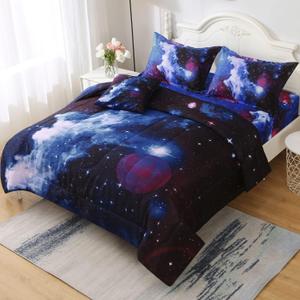 6Pcs Galaxy Comforter Set with Sheets for Kids Boys Girls Teens, Outer Space Themed Bed in a Bag Full Size, Dark Blue 3D Printed Bedroom Decor Bedding Set