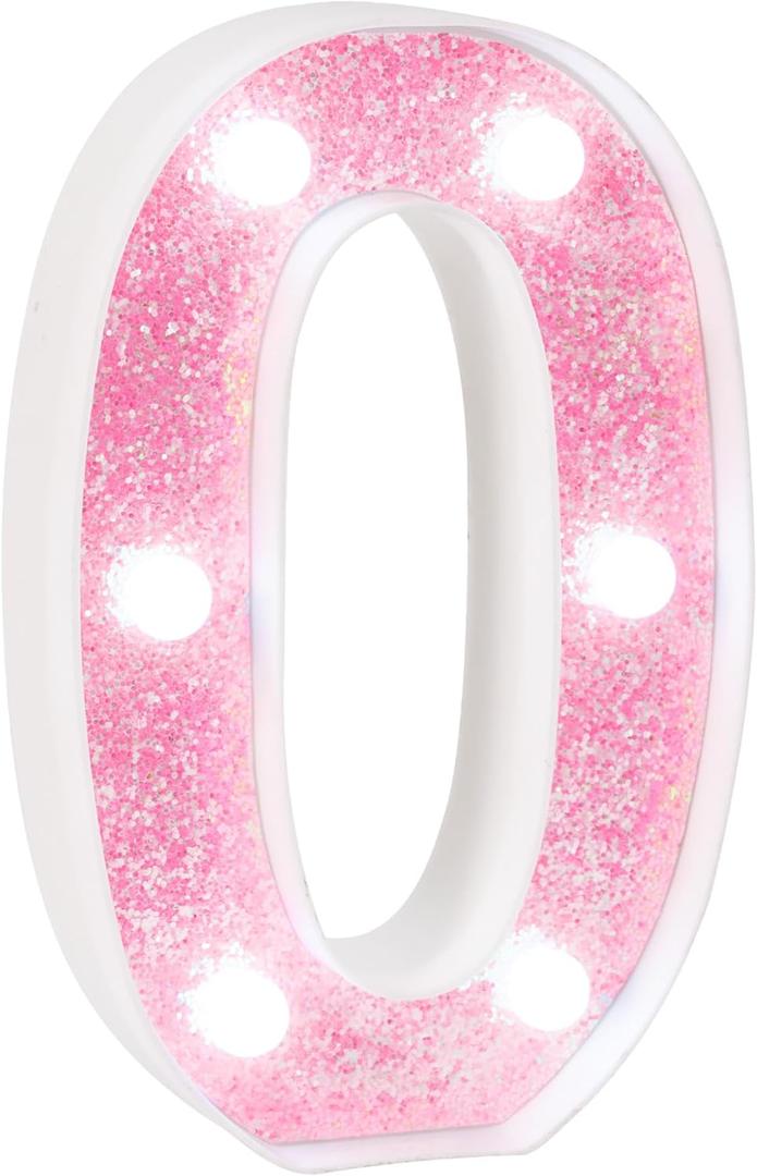 Pink Marquee Light Up Numbers, Glitter LED Number Lights Lamp Battery Powered for Girls Birthday Party Table Decorations, Wall Decor for Girls bedroom, Pink Number 0 Sign with Cool White Lights