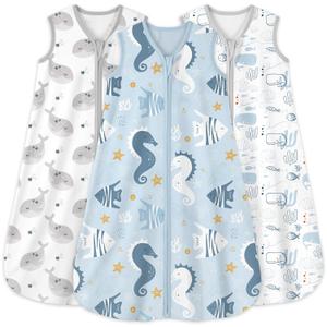 Yoofoss Baby Sleep Sack 12-18 Months 0.5 Tog Wearable Blanket for Baby, 3 Pack 100% Organic Cotton Infant Toddler Sleeping Sack 2-Way Zipper Lightweight Sleep Sack (Blue Seabed)