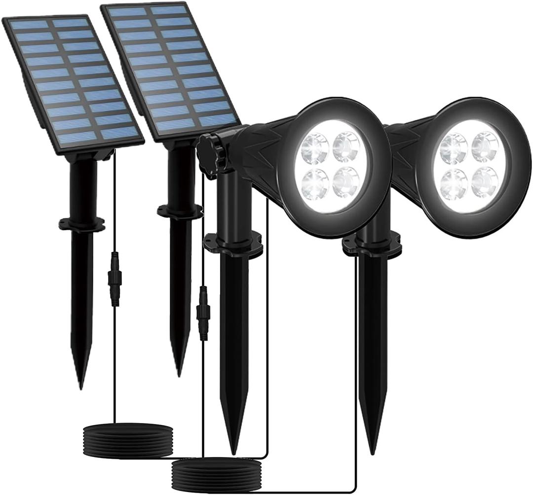 Solar Powered LED Spot Light, T-SUNUS 2 in 1 Installation Separated Panel and Light, IP65 Waterproof Outdoor Landscape Security Lighting for Patio,Yard,Garden,Driveway,Stair (2Pack White-6000K)