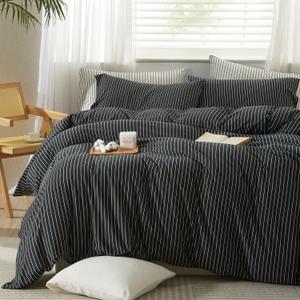 LIFETOWN Striped Duvet Cover Set 100% Jersey Knit Cotton T-Shirt Feel Ultra Soft Wrinkle-Free (Heathered Charcoal White Stripes, Queen) (Queen (90"x90"))
