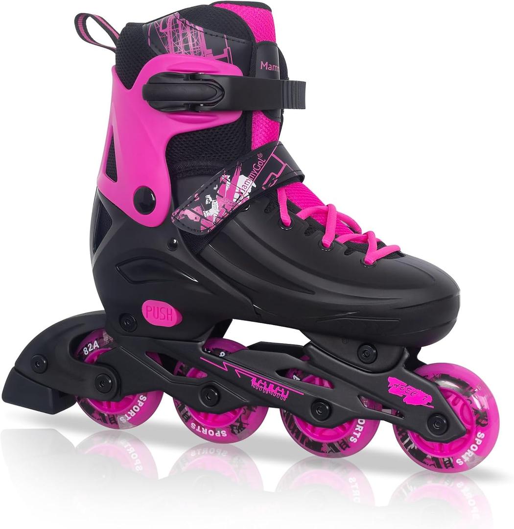 MammyGol Adjustable Inline Skates for Kids Youths Adults, All Wheels Light Up, Indoor and Outdoor Blades Roller Skates for Boys Girls Teen Beginners (Large - Youth (3-6 US), Rosy)