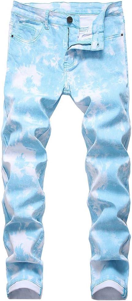 Ylingjun Mens Tie-Dyed Stretch Skinny Biker Jeans (36, Blue)