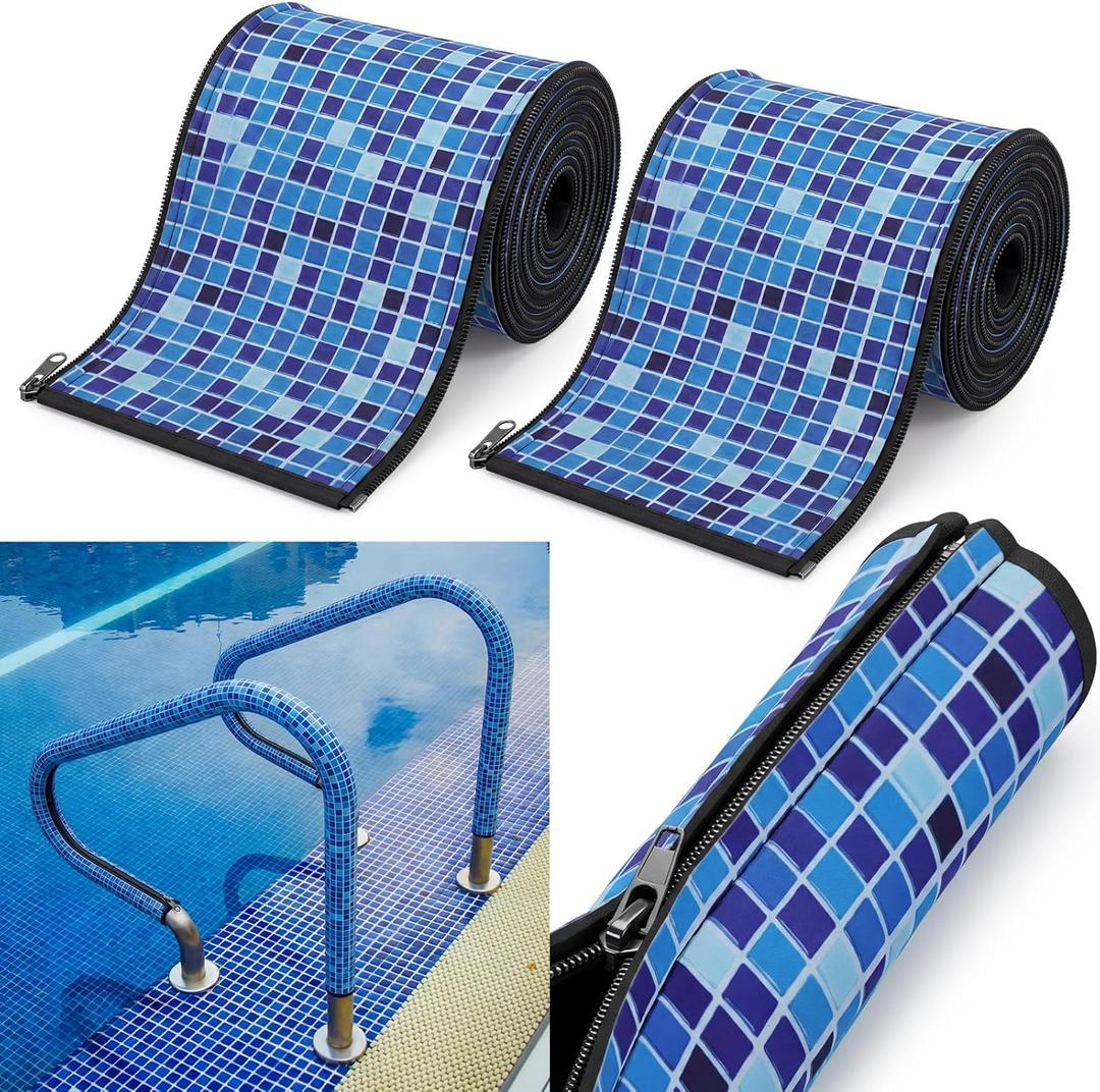 Geelin 2 Pcs Pool Handrail Covers 5.9 ft Neoprene Zippered Handrail Cover Slip Resistant Printed Rail Grip Covers for Swimming Pool Handrailing(Blue Mosaic Tiles Style)