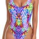 Women's Thong One Piece Swimsuit Sexy High Cut Bathing Suits (Medium, Purple Leopard)