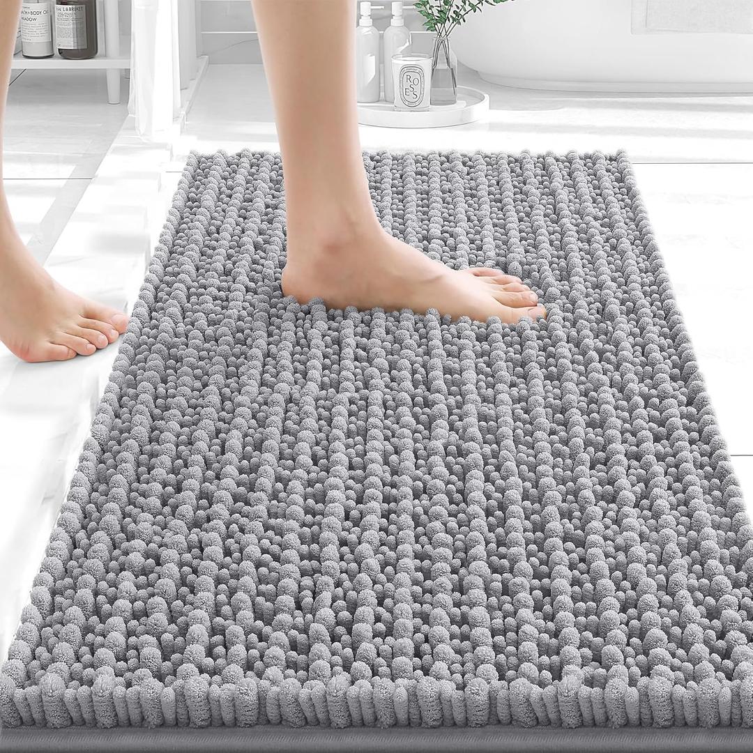 OLANLY Bathroom Rug Mat 24x16, Thick Soft and Absorbent Chenille Bath Mat, Non-Slip Rubber Backing, Machine Washable Quick Dry Bath Rugs for Tub Shower Floor, Home Decor Accessories, Grey