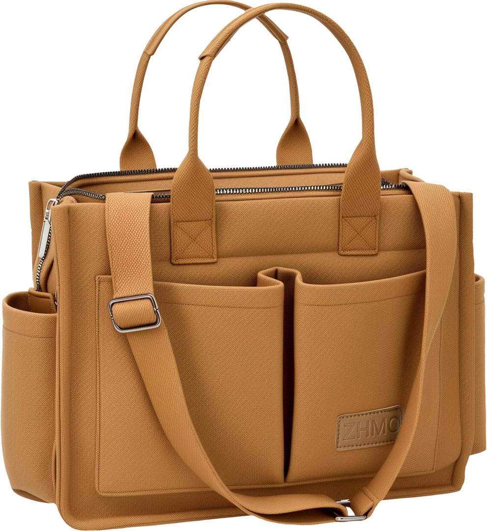 Tote Bag for Women With Compartments,Large Canvas Tote Women's Purse Crossbody Bags Work Laptop Book Bag Satchels Handbags (New Upgrade Brown With Compartments and Side Cup Holders)