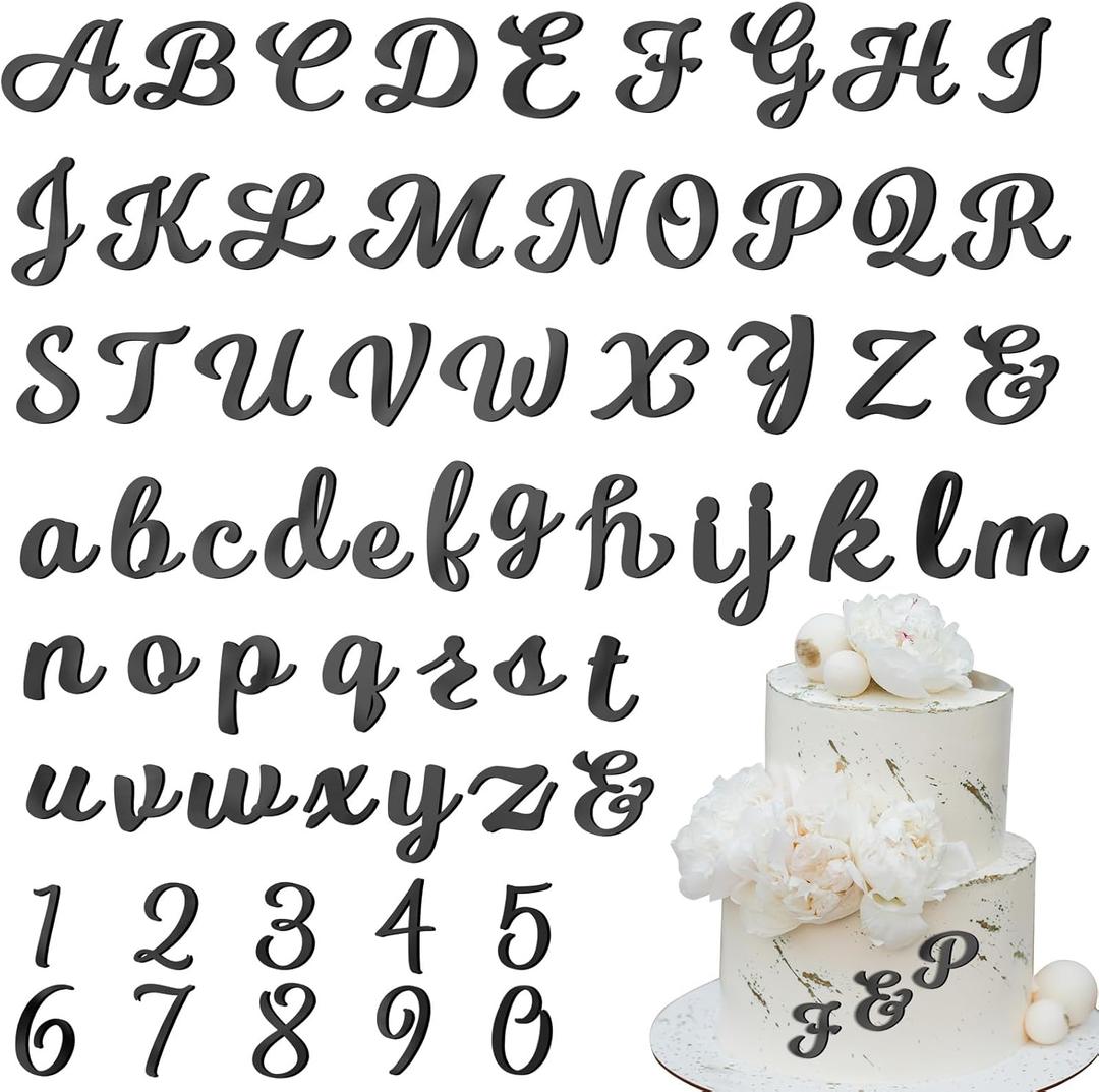 Jspupifip 64 Pcs Acrylic Cake Alphabet Numbers Topper, Mirror Number 0-9 and Alphabet A-Z Personalized Cake Picks Decor Anniversary Wedding Baby Shower Party Supplies(Black)