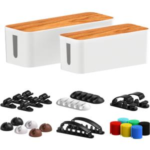 Cable Management Box 2 Pack with 16 Cable Clips Set-Large & Medium & Small Wooden Style Cable Organizer Box to Hide Wires&Power Strips | Cord Organizer Box | Cable Organizer for Home & Office [White]