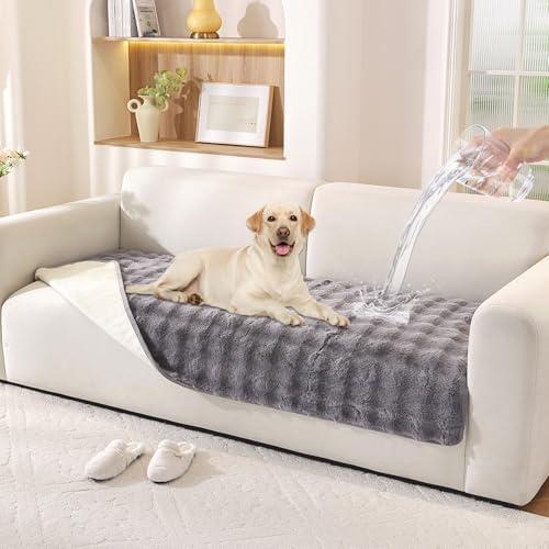 Hittun Waterproof Dog Bed Cover Non Slip Couch Covers for Dogs Washable Soft Faux Fur Sofa Cover Couch Covers for 3 Cushion Couch Sofa Pet Friendly (Grey)