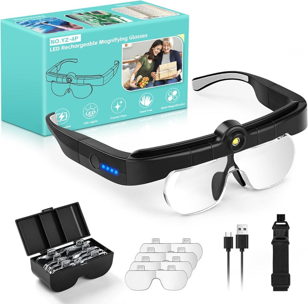 Magnifying Glass with Light, Flip-up Headband Magnifier with 3 Light Colors, 4 Detachable Lenses 1.5X to 5.0X, Hands Free Headset Magnifiers for Close Work Crafts Soldering Repair Jewelry (Black)