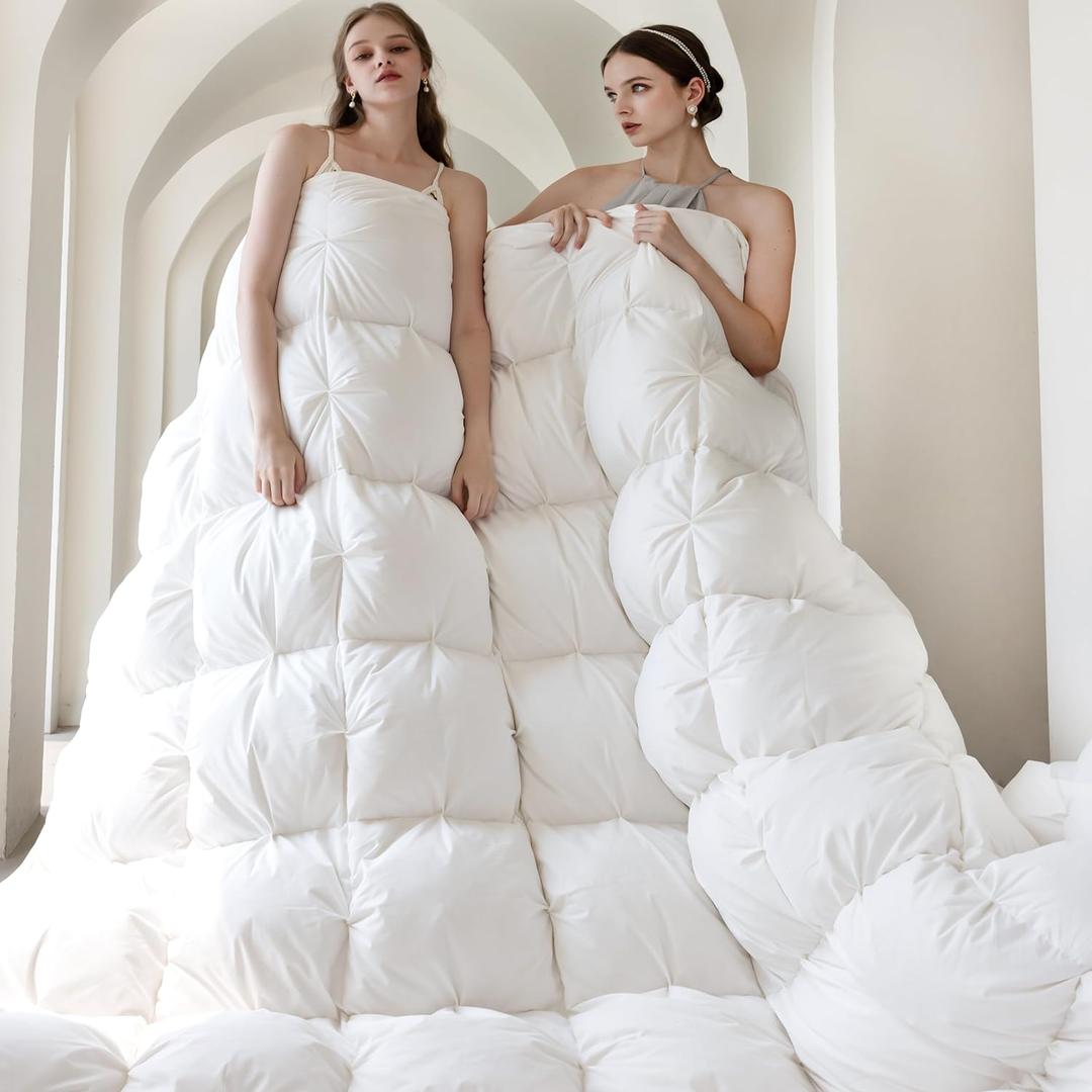 KAKABELL Pinch Pleat Goose Down Feathers Fiber Comforter Palatial King Size All Season-Ultra Soft and Cozy Noiseless Duvet Insert with Egyptian Cotton Blend Cover,Fluffy Warm Comforter White,120"X98"