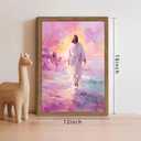 Framed Pink Jesus Wall Art Gifts for Christian, Jesus Walking On Water Canvas Prints, Savior Christian Wall Decor, Inspiring Religious Belief Artwork Decor for Prayer Room 12x16in