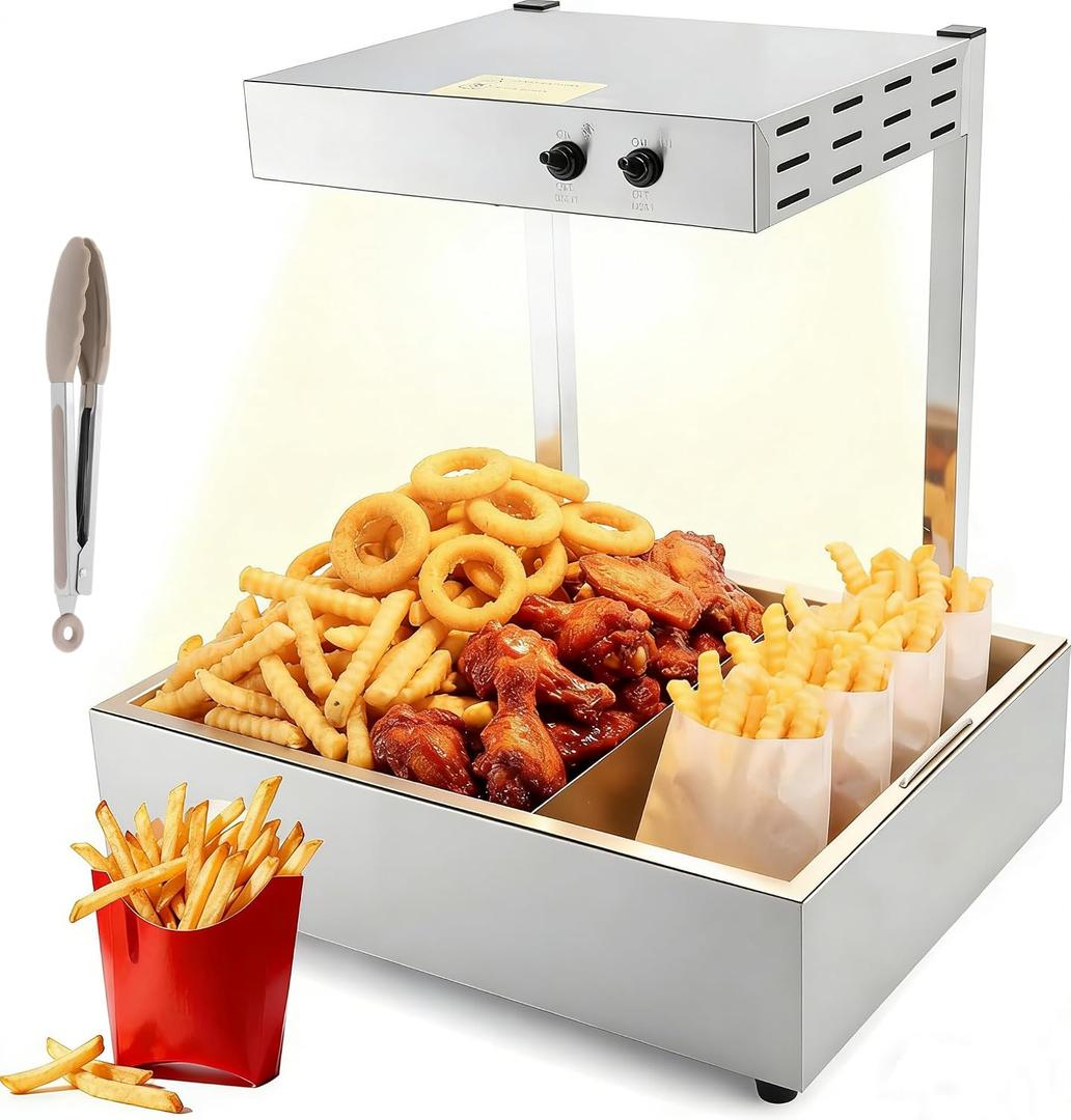 Dyna-Living 14L French Fry Warmer Commercial Heat Lamp for Food Chips | 3 Level Adjustable Height, 500W Countertop Fry Warmer with Divider, Food Tongs, Food Warmer for Food Truck,Restaurant,Home