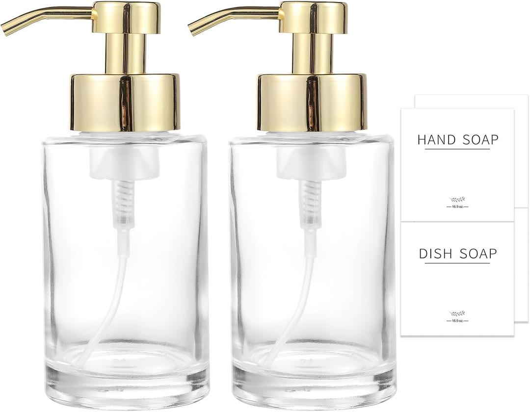 Foaming Soap Dispenser Set, 12 Oz Glass Hand Soap Dispenser with 304 Rust Proof Stainless Steel Pump, Waterproof Labels, for Bathroom Decor Kitchen College Dorm, Clear Gold Pump 2 Pack