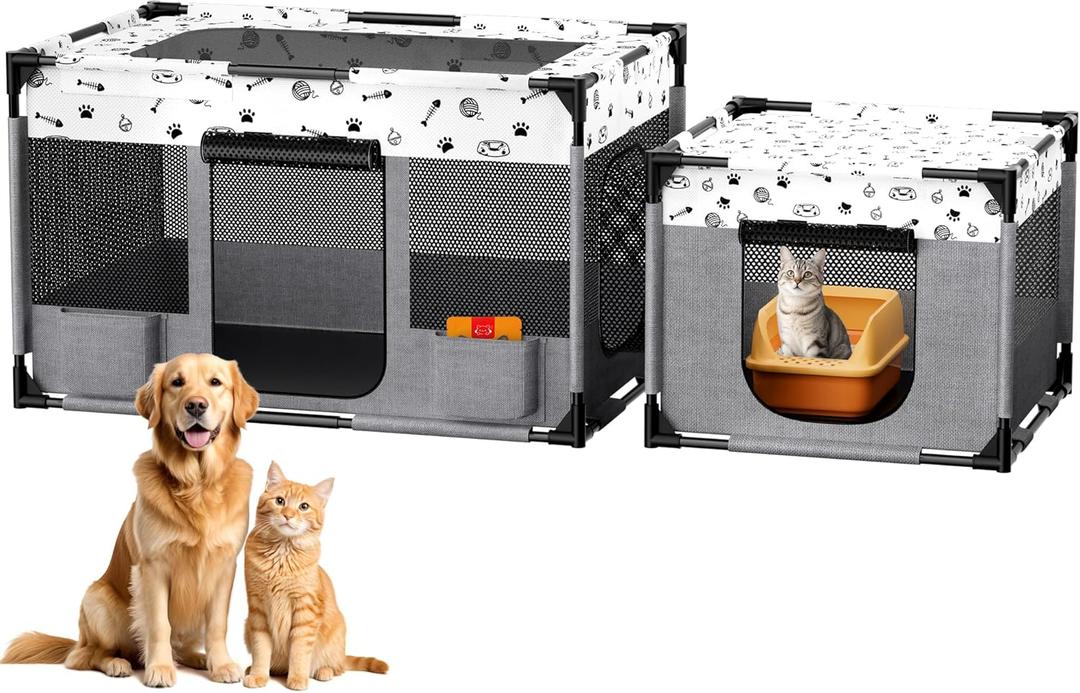Portable Cat Playpen, Pet Dog Playpen, Kitten Puppy Play Pen for Indoor/Outdoor, Collapsible Cats Cages Enclosed Tent with Carrying Case, PVC Pipe Frame, 600D Oxford, 39" x 24" x 22" (Grey)