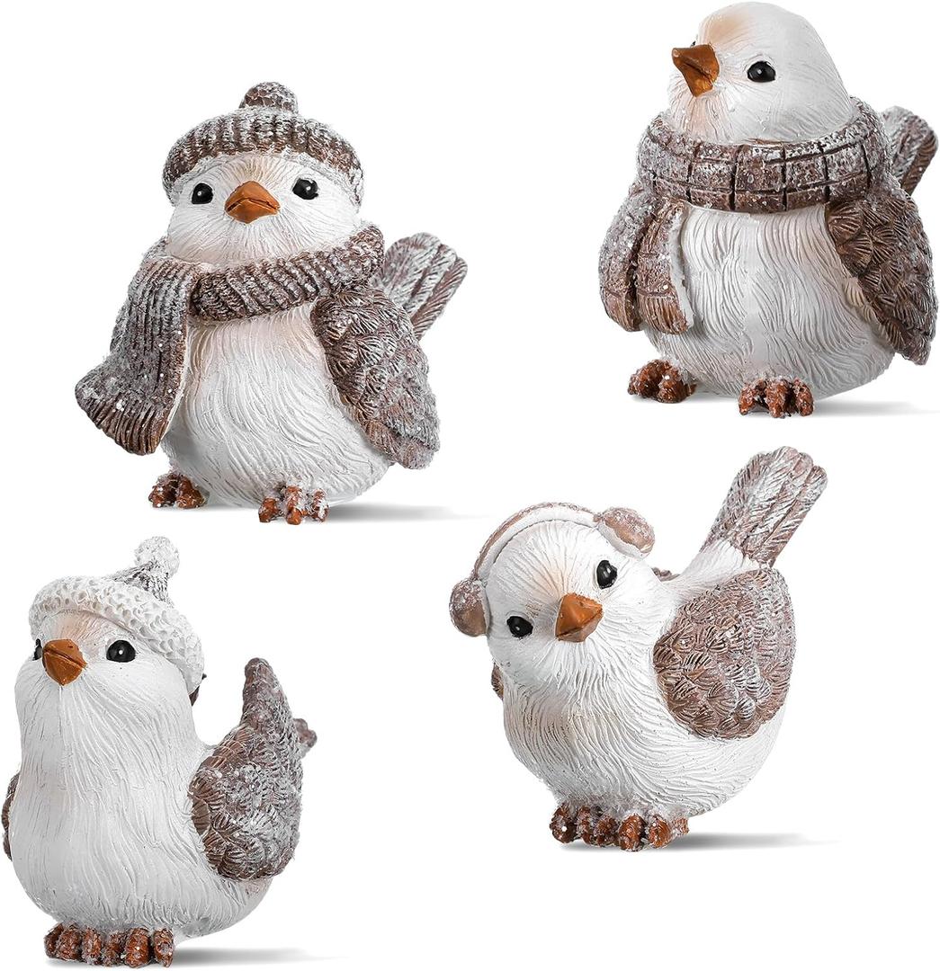 4 Pcs Wintry Resin Figurines Winter Christmas Bird Tabletop Figurine Decorations for Xmas Holiday Home Decor and Gifts (Cute)
