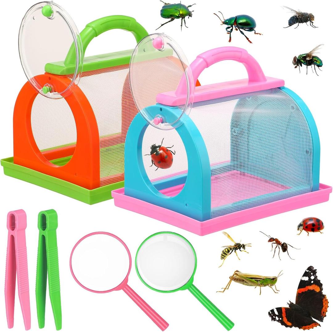 2 Pack Bug Catcher Kit Summer Toy Gift for Kids Boys Girls Outdoor Critter Bug Container Insect Cage Educational Bug Box for Butterfly Catching Activity Supplies(Pink, Green)