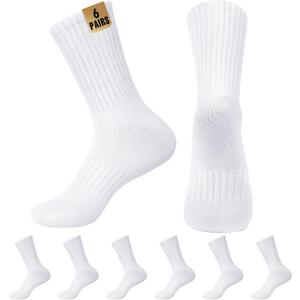 MUQU Mens White Crew Socks - Sports Thin Athletic Breathable Running Long Socks 6 Pairs (White, L)