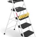 BONTEC 4-Step Ladder, 400lbs Max Load, Folding Step Stool with Tool Tray, Anti-Slip Pedals, Sturdy Steel, Lightweight Portable Ladder with Handrail for Home & Work Use, White