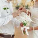 XunYee 16 Pcs Bride Bouquet Set Include 10 White Calla Lily Artificial Flowers 5 Faux Lily of The Valley 1 Groom Boutonniere Pin Bridesmaid Floral Bouquet for Wedding Party Ceremony Anniversary Decor