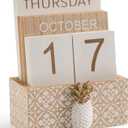 Block Calendar for Desk, Wood Desk Perpetual Calendar, Gift Daily Desktop Vintage Wooden Blocks for Home Farmhouse Office Aesthetic Decor Rustic Decoration Brown Pineapple
