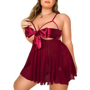 Kaei&Shi Unwrap Me Ribbon, Split Back, Flowy Gifts, 2PC Plus Size Lingerie (Burgundy, 24Plus)