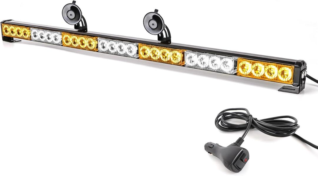 Traffic Advisor Light Bar 32 Inch Warning Emergency Led Strobe Lights Bar, 13 Flashing Patterns, Suction Cup Mount, Windshield Safety Lights for Truck VehiclesAmber & White