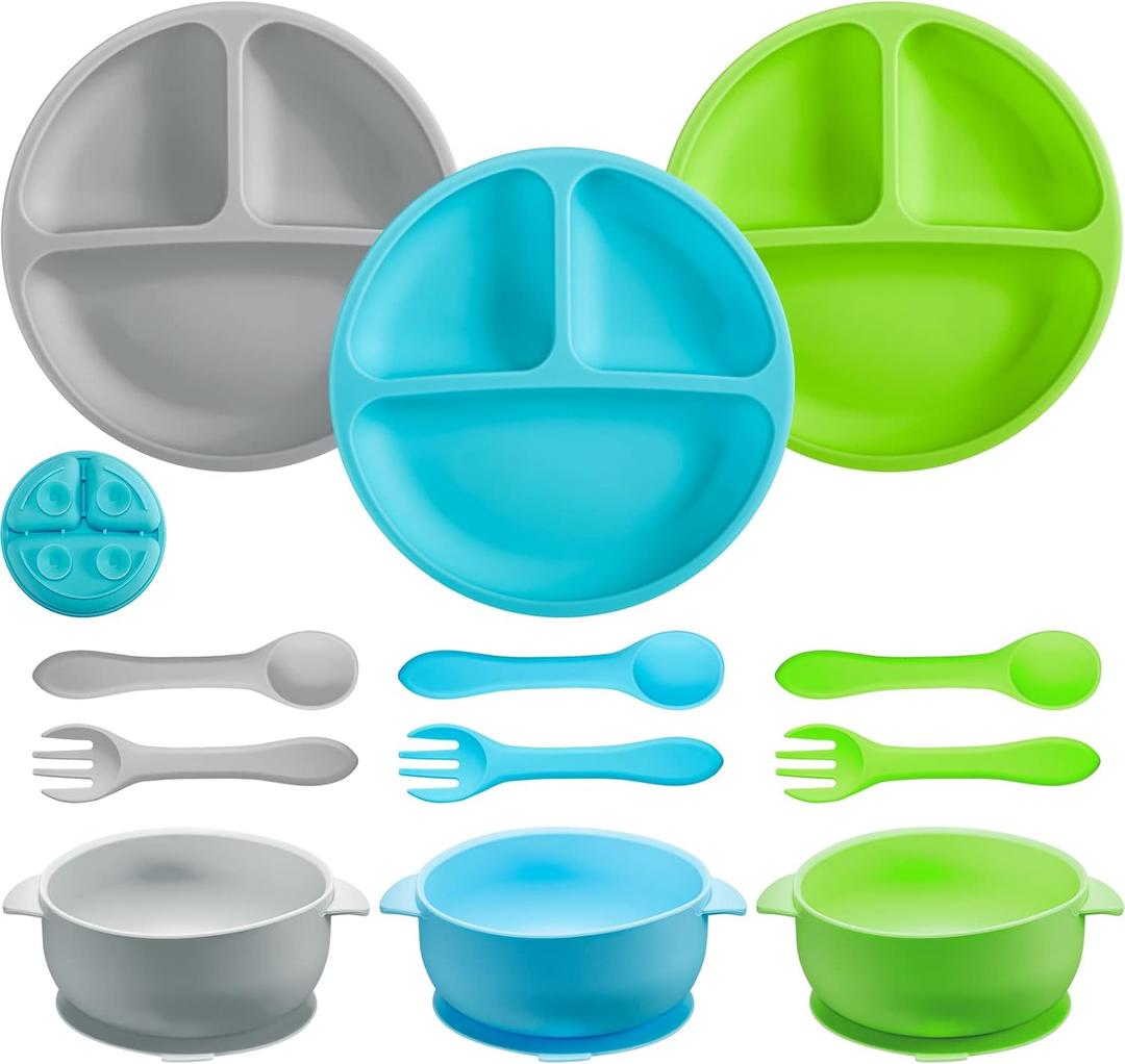 CHENGU 12 Pcs Silicone Bowl with Suction Set for Baby Toddler with Suction Plate, Spoon and Fork, Divided Design Baby Feeding Utensils Weaning Kit, Dishwasher and Microwave Safe (Bright Colors)
