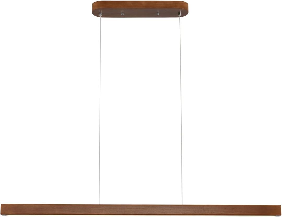 39" Wood Linear Pendant Light Modern LED Dimmable Ceiling Hanging Light Fixture Wood Linear Chandeliers 24w for Dining Room Kitchen Island Pool Table Bar Walnut Color (with Remote Control)