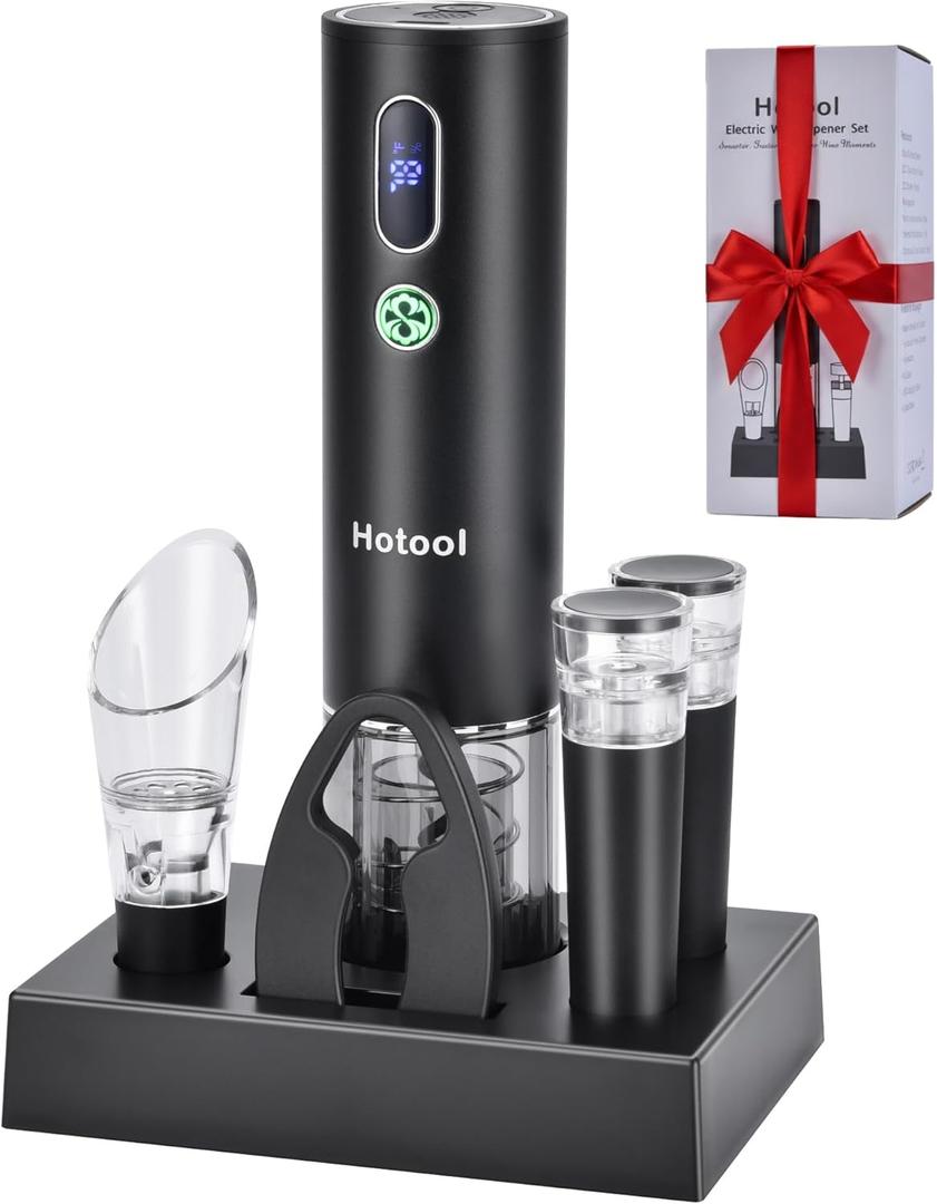 Electric Wine Opener Set with Base  Rechargeable Wine Bottle Opener with Foil Cutter, Wine Aerator and Wine Stoppers  Wine Accessories Gift for Wine Lovers (Black)