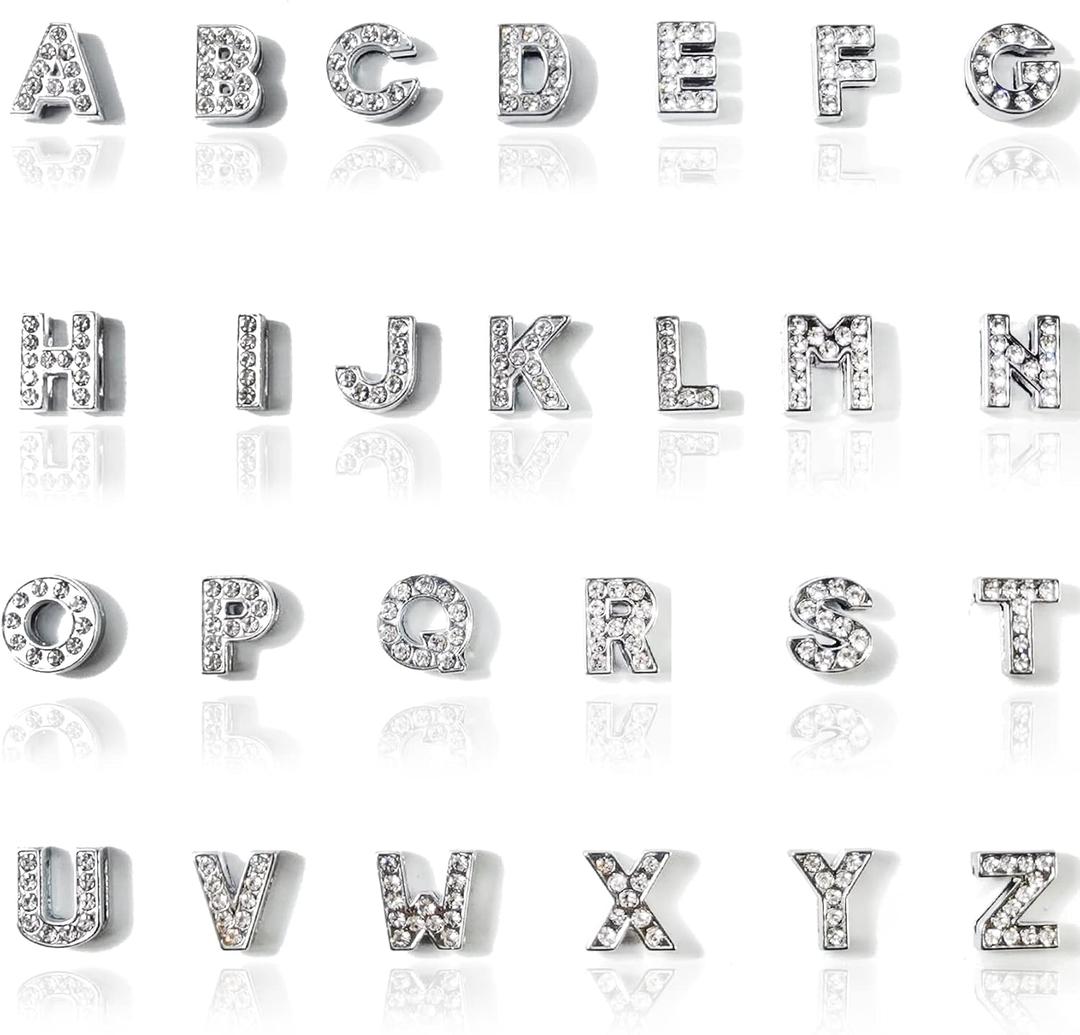 NSBELL 104PCS 8mm Full Rhinestones Slide Alphabet Letters Charms A-Z Alphabet Charms for DIY Necklace Choker Wristbands Bracelets Jewelry Making Charms Supplies, Sliver