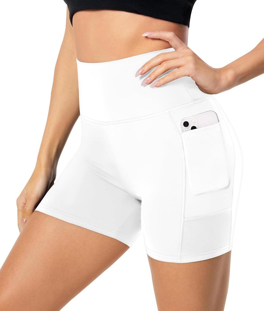 FULLSOFT High Waisted Biker Shorts for Women-5" Tummy Control Fitness Athletic Workout Running Yoga Gym Shorts (Small-Medium, 9-white(with Pockets))