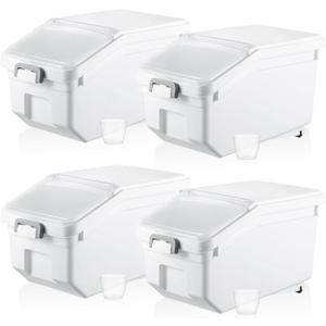 Sunnyray 4 Pcs Rice Storage Containers Bulk Flour Sugar Container Wheels Measuring Cups Set Airtight Pet Dog Cat Birds Food Bin Grain Cereal Organizer Box for Dry Baking(White,22 lb)