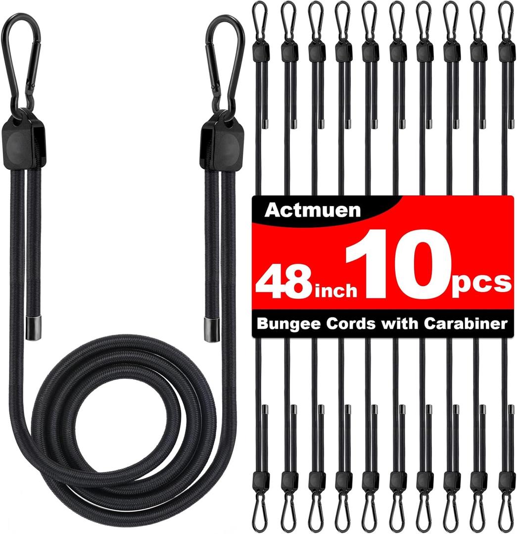 10PCS 48Inch Bungee Cords with Hooks,10-48 Inch Adjustable Bungee Cords, Natural Latex Elastic Ropes - Black Elastic Straps for Camping Gear, Home Storage, Office Organization