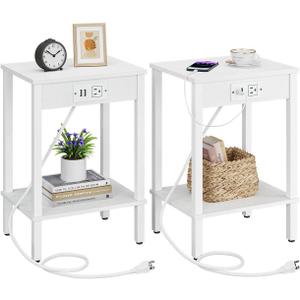 Set of 2 End Table with Charging Station, Narrow Side Table with USB Ports and Outlets, Nightstands with 2-Tier Storage Shelves, Sofa Table for Small Space Living Room Bedroom, White UTBT102W2