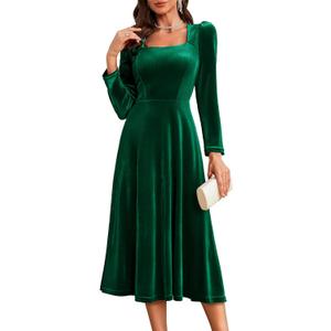 BeryLove Women Velvet Dress Cocktail Party Evening Dresses Long Sleeve Wedding Guest Formal Dresses (Green, L)