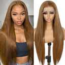 SAPPHIREWIGS 13×6 Straight Lace Front Wig Honey Brown Hair Glueless Synthetic Lace Front Wigs for Women Pre-plucked Hairline Heat Resistant Fiber Daily Cosplay Use 26 Inches