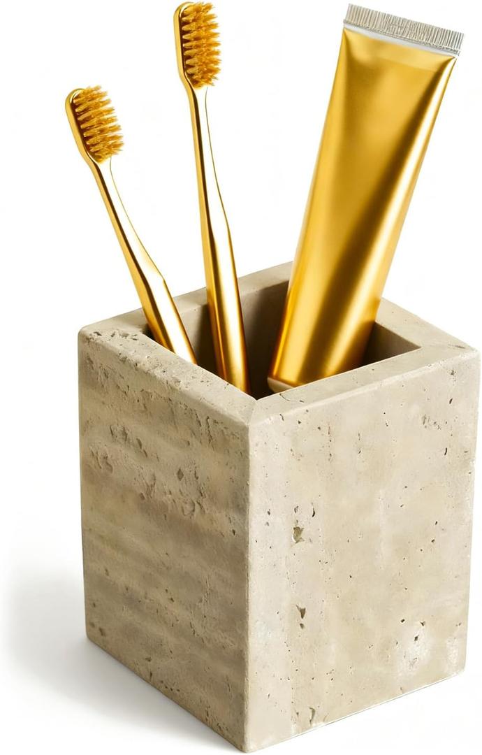 Sleek Marble Toothbrush Holder,Multi-Functional Stone Toothbrush Holder,Cutlery Tray,Fits Pens, Makeup Brushes & Sundries Storage (Beige Travertine)