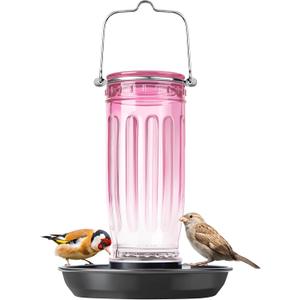Kingsyard Glass Bird Water Dispenser for Outdoor, 16 Oz, Bird Water Feeder with Metal Hanging for Garden Yard Fence Decoration Hummingbird Cardinal Bluebird Finch, Pink