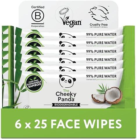 The Cheeky Panda Face Cleanser Makeup Remover Wipes Coconut Scented | 6 Packs of 25 Face Wipes | 99% Purified Water Wipes | Plant Based & Vegan Wet Wipes | Sustainable Alternative