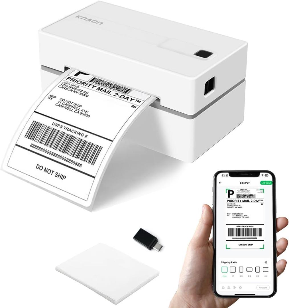 Bluetooth Thermal Shipping Label Printer, 4x6 Portable Thermal Address Label Printer for Small Business, Compatible with iPhone, Android, Windows, Mac Works with Ebay Shopify USPS & More, White